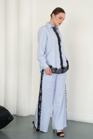 Verymoda Dantel Detaylı Çizgili Pantolon F2083 Mavi