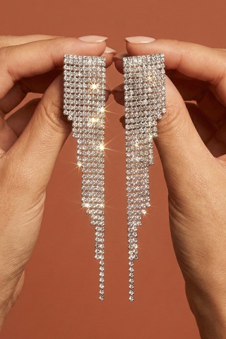 Valmont Accessories Taşlı Işıltılı Sallantılı Uzun Abiye Kadın Küpe Kristal Taşlı Gümüş