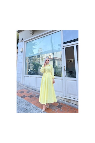 Riella Butik Gömlek Yakalı Tesettür Elbise-sarı