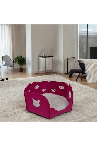 Kedi Yatağı Yuvası Evi Minderli Taşınabilir 3 Mm Keçe Altıgen Tasarım Yuva+minder Fuşya