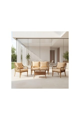 Dora Garden Home Zen Rattan Bahçe Balkon Takımı 2+1+1 Camlı Masalı Kahverengi Siyah Çizgili