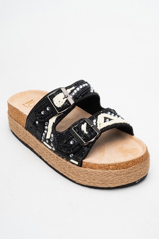 Luvishoes Luvi Shoes Bobby Siyah Taşlı Etnik Desenli Hasır Kalın Mantar Tabanlı Kadın Terlik Siyah