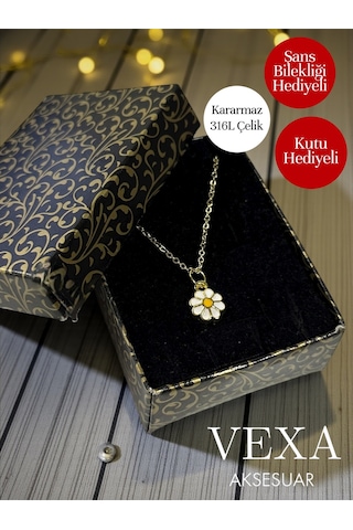 Kararmaz 316l Çelik Papatya Kolye Minimal - Hediye Kutulu + Şans Bilekliği Hediye Altın