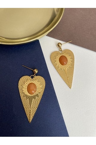 Turuncu Taş Kalkan Çelik Kararmaz Küpe Çifti Altın