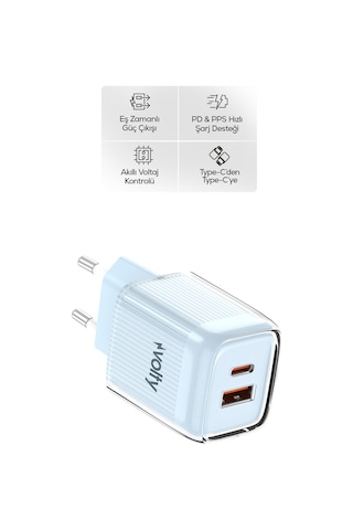 Hızlı Şarj Adaptörü 35w Gan + Type-c Kablo 60w Pd Usb-c & Usb-a, Laptop & Telefon Mavi-v0102021