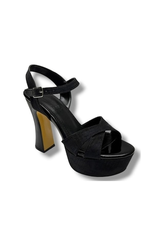 Defne 788-26 Simli Saten Çapraz Bant 30mm Platform Topuk Kadın Sandalet 12cm Siyah