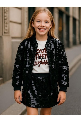 Zekids Kız Çocuk Pamuklu Pullu Çıtçıtlı Tasarım Ceket-16309 Siyah