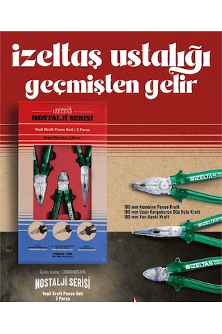 İzeltaş Nostalji Serisi / Yeşil Kraft Nostalji Pense Seti 3 Parça