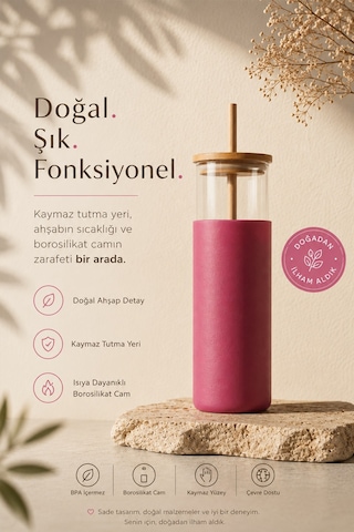 Bambu Kapaklı Silikon Kılıflı Cam Suluk Matara 550 Ml Şeffaf