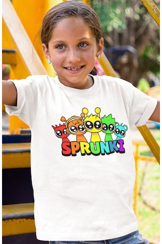 Sevbano Sprunki Oyun Baskılı Unisex Çocuk Tişört 1-12 Yaş Beyaz