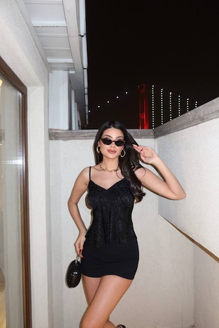 Kechi Woman Leopar Desenli Saten Askılı Bluz Siyah