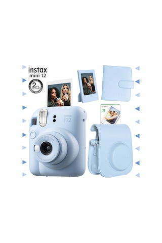 Fujifilm Instax Mini 12 Fotoğraf Makinesi + 10'lu Film + Çerçeve + Kare Albüm + Deri Kılıf Mavi