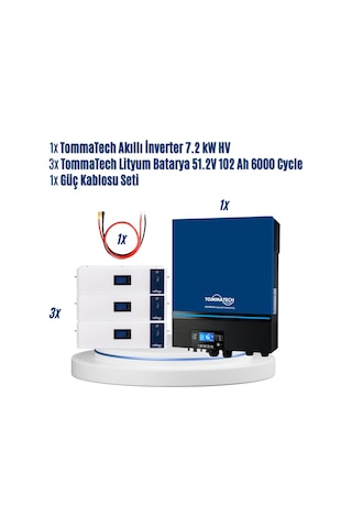 Tommatech 7.2kw Akıllı İnverter + 3 X 51.2v 102ah Lityum Batarya Seti Güç Kablosu Dahil