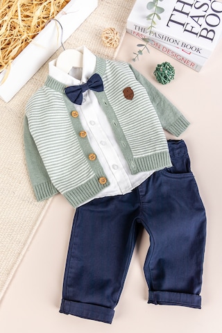 Babymod Triko Hırkalı Papyonlu 4 Parça Şık Erkek Bebek-çocuk Takım Set Yeşil
