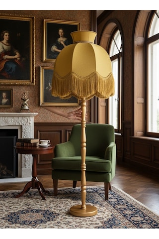 Büyük Boy Taçlı Gold Kadife Başlık Gold Ahşap Ayaklı Lambader Vintage Model 170x50cm