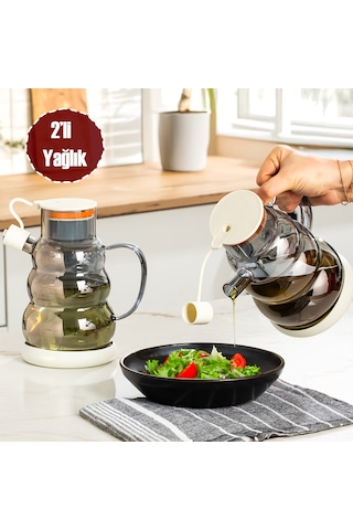 Porsima 3617- 2 Kapaklı Borosilikat Cam 2li Yağlık Sirkelik Seti Yağdanlık Takımı 1000ml Beyaz Beyaz