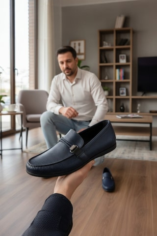 Enoch Hakiki Deri Lacivert Tam Lazer Kesim Bağcıksız Erkek Comfort Ayakkabı Lacivert