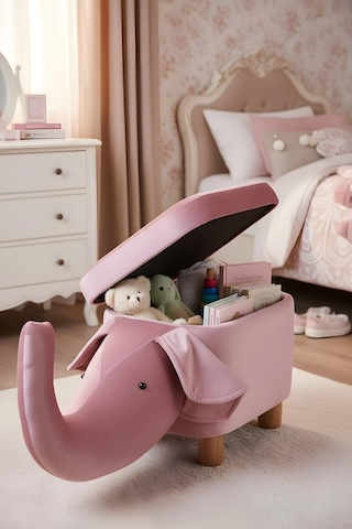 Lumis Garden Fil Figürlü Çocuk Odası Oyuncak Sandığı & Oturma Pufu Kapaklı, Saklama Alanlı 86 x 32 x 36 CM Pembe