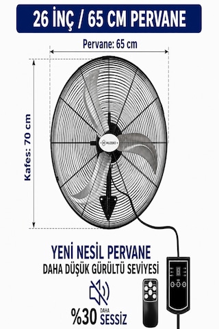 Muzeko Mzk650 26 Inç 65cm 180w Kumandalı Duvar Tipi Sanayi Vantilatör Evde Kullanım İçin Uygun Değildir