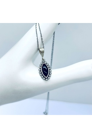 Mekik Model Zirkon Ve Oltu Taşı İşçilikli 925 Ayar Gümüş Kolye Siyah