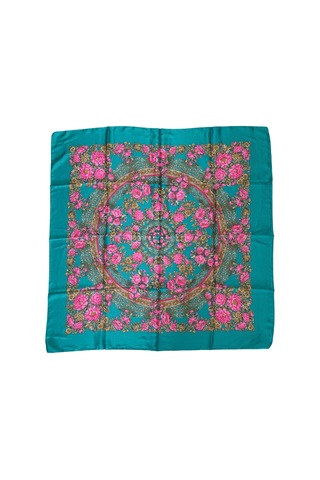 Tikitonki Pembe Çiçek Desenli Kare Kesim Nil Yeşili Eşarp - 90x90 Çok Renkli Çok Renkli