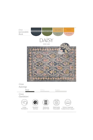 Cool Halı Daisy Kömür Mavi Bohem Halı Yıkanan Çiçek Desenli Dokuma Şönil Halı Otantik Vintage Halı