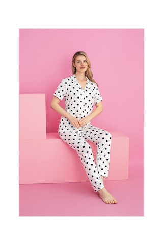 Rindahomewear Kadın Puantıye Desen Milan Düğmeli Pijama Takımı Krem
