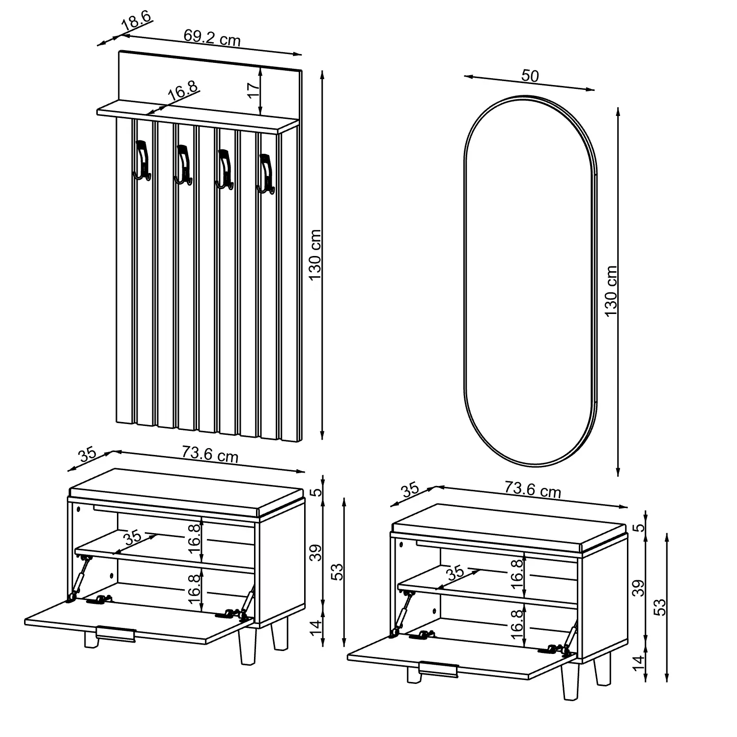 Nord Vestiyer Takımı Lambri Askılıklı, 2 Adet Kapaklı Bench, Modüler, Oval Aynalı Portmanto Takımı Beyaz