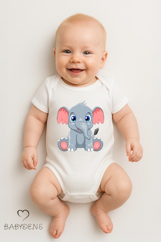 Babyden's %100 Pamuklu Sevimli Hayvan Figürlü Bebek Body Unisex Çıtçıtlı Kısa Kollu Zıbın Fil Beyaz