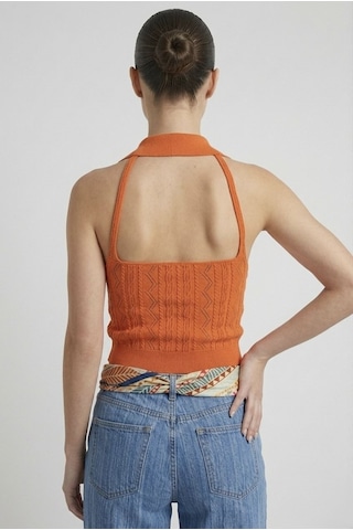 Neden Tekstil Kadın Polo Yaka Sırt Dekolteli Crop Bluz - Turuncu