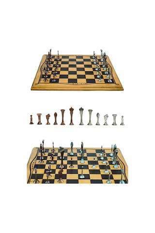 Mc46 Büyük Boy Metal Satranç Takımı 37x37cm Doğal Ahşap Kayın Tahta El Yapımı Antik Metal Taşlar