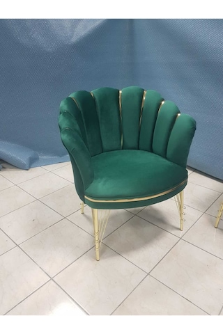 Garden House Papatya Krem Yeşil Babe Face Kumaş Gold Metal Ayaklı Çay Seti Koltuk Takımı Berjer