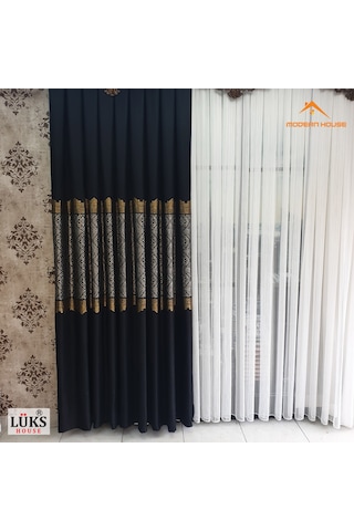 Lüks Siyah Fon Pano Perde Sık Pile Tek Kanat - Modern House Siyah
