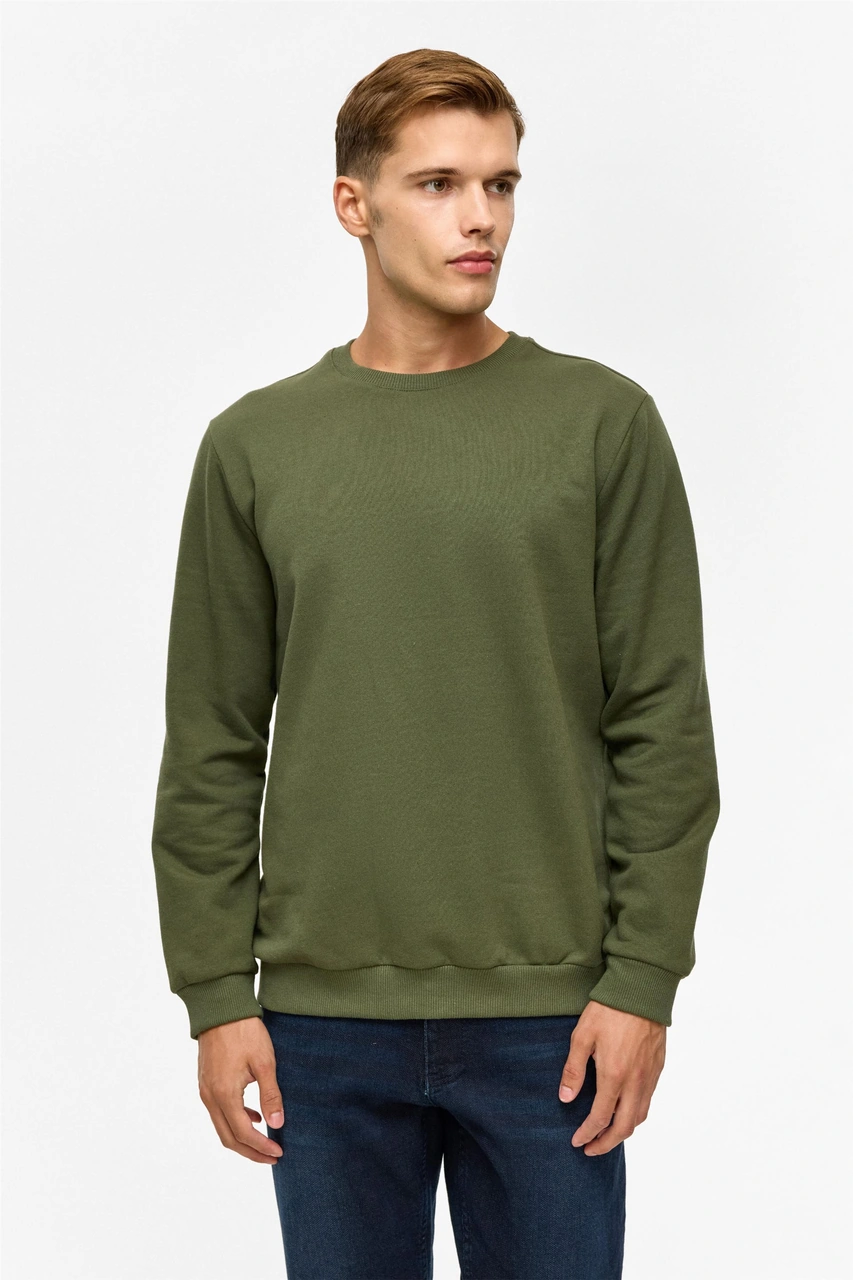 Süvari Haki Regular Düz Bisiklet Yaka Sweatshirt-38801 Haki