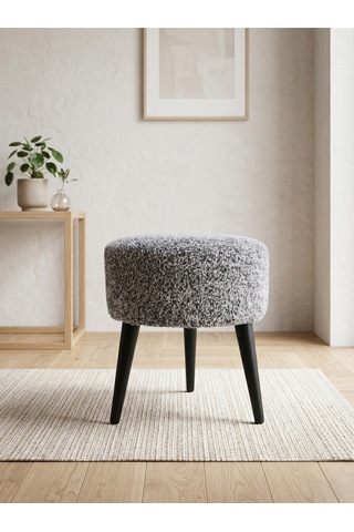 Kırçıllı Gri Welsoft Kumaş Yuvarlak Puf Ahşap Ayaklı Demonte Modern Puf Tabure 40x42 Cm