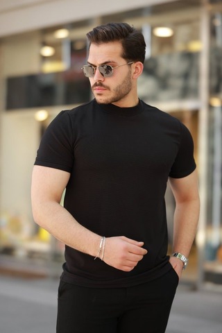 Efnaz Style Erkek Ince Çizgi Dokulu Kısa Kollu T-shirt Siyah