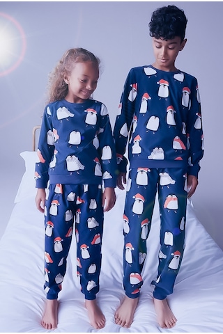 Unisex Çocuk Yeni Sezon Pamuklu Mavi Renk Eğlenceli Penguenler Baskılıpaça Lastikli Pijama Takımı Mavi Penguen Mavi