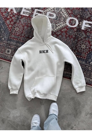 Etiler Collection Uzun Kol Kapşonlu Göğüs Baskılı Sweatshirt - Beyaz