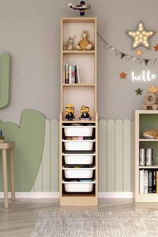 5 Sepetli 3 Raflı Dolap Çok Amaçlı Dolap Oyuncak Dolabı Derya Safir Meşe Açık Kahverengi