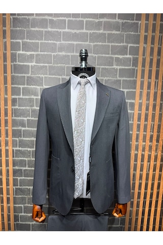 Dupont Classics Dupont Slim Fit Sivri Yaka 6 Drop Çift Yırtmaç Torba Cep Puntolu 2'li Takım Elbise Koyu Gri
