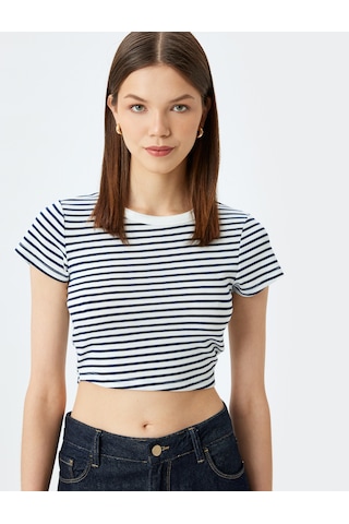 Koton Crop Bisiklet Yaka Kısa Kollu Slim Fit Tişört Lacivert Çizgili 5sal10192ık 7s2 Çok Renkli