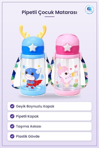 Geyik Boynuzlu Matara Çocuk Suluk Pipetli Asklı Kapaklı Plastik Ş Çok Renkli
