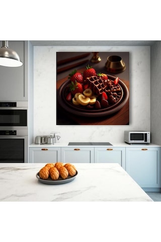 Çilek Muz Ve Çikolatalı Waffle Görünümlü Pastahane Kafe Kafeterya Ve Mutfağa Asmalık Hd Baskı Kanvas Tablo