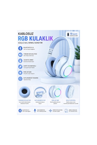 P101 Bluetooth Kulaklık 5.3 Wireless Headphone Şarjlı Kulaküstü Kulaklık Rgb Led Işıklı Fm Radyo Sd Kart Aux Girişli Mikrofonlu Type C Şarj