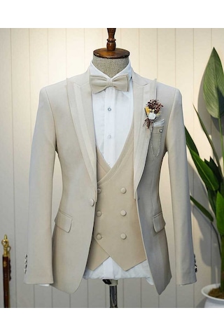 Bys Beystil Erkek Krem Slimfit Yelekli Damatlık & Smokin 20103