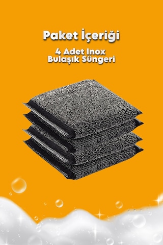 Grimorlife 4 Adet Sihirli Inox Tel Bulaşık Süngeri Paslanmaz Çelik, Yağ Ve Kir Sökücü Sünger