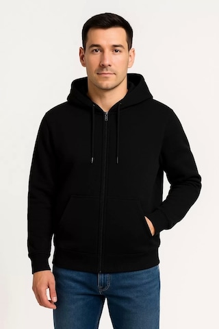 Erkek Üç İplik Kapüşonlu Tam Fermuarlı Kanguru Çepli Sweatshirt Hoodie - Siyah Siyah