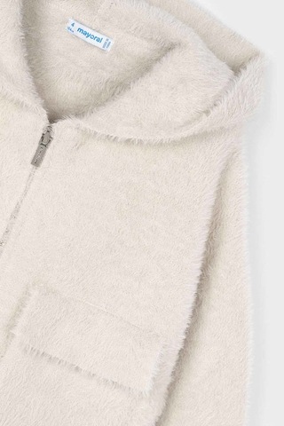 Kız Çocuk Kapüşonlu Cepli Pelüş Hırka - Ekru Gri