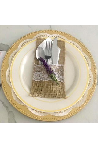 Pazly Doğal Keten Dantelli 30'lu Çatal Kaşık Kılıfı - Düğün & Özel Günler İçin Şık Kılıf Seti Diğer