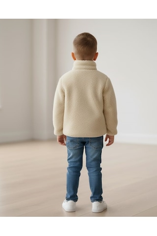 Smalltouch Unisex Çocuk Yumuşak Dokulu Astarlı Fermuarlı Cepli Peluş Hırka Bej